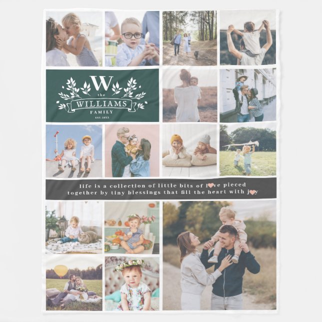 Couverture Polaire Nom de famille Monogramme | 15 Collage photo (Devant)