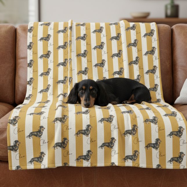 Couverture Polaire Nom de l'animal de compagnie personnalisé Yellow S (Get cozy with this "Custom Yellow Stripe Dachshund Pet Name Fleece Blanket"!)