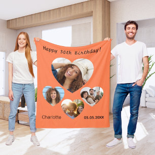 Couverture Polaire Nom de l'anniversaire photo coeur collage corail o