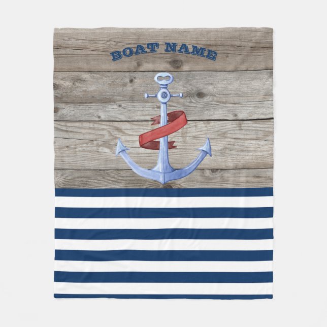 Couverture Polaire Nom du bateau nautique, Ancre Marine Bleu Bois ray (Devant)