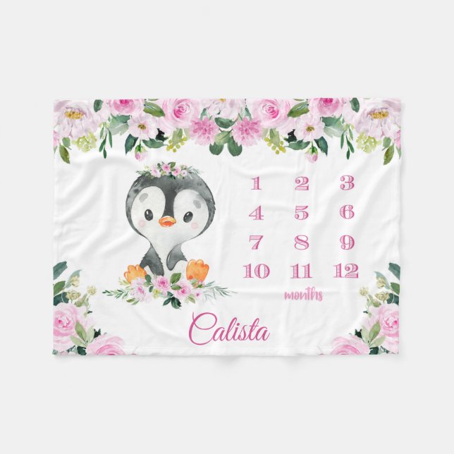 Couverture Polaire Nom du bébé rose floral Jalon mensuel Pingouin (Devant (Horizontal))