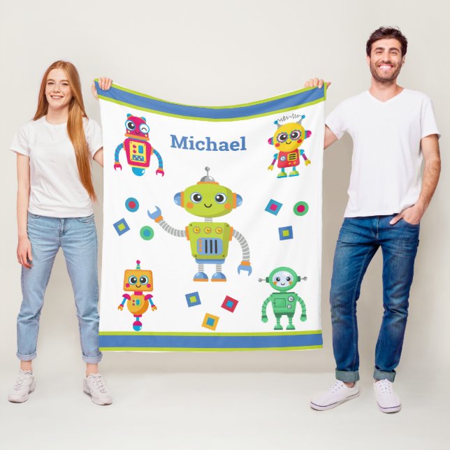 Couverture Polaire Nom du Cool robot Bleu Vert Enfants Toison Blanche (En situation)