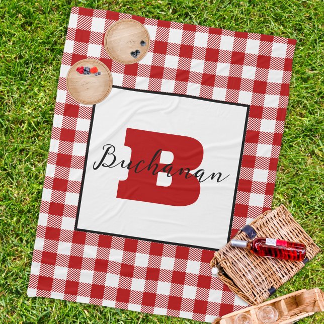 Couverture Polaire Nom du monogramme Pique-nique rouge classique (Classic picnic blanket custom monogram initial name red gingham pattern fleece blanket traditional)