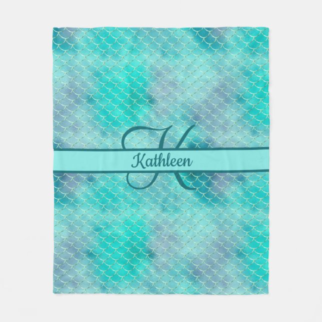 Couverture Polaire Nom du monogramme Sirène initiale bleu pourpre ver (Devant)