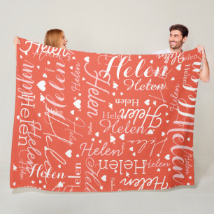 Couverture Polaire Nom et Coeurs répétés partout Orange Rouge