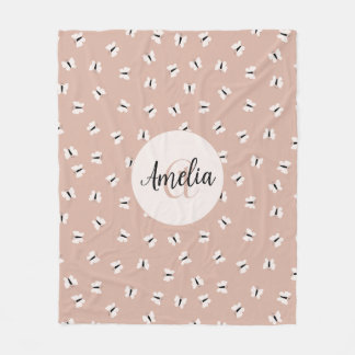 Couverture Polaire Nom et monogramme du motif de papillon rose et bla