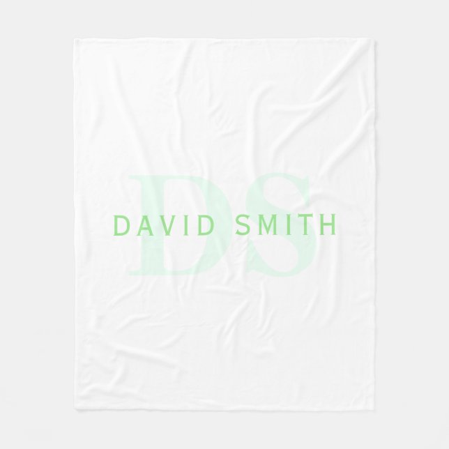 Couverture Polaire Nom et monogramme modernes | Vert et blanc (Devant)