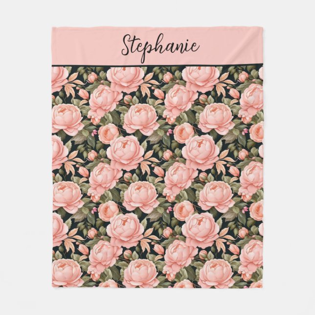 Couverture Polaire Nom monogramme Peach rose Floral Flowers (Devant)
