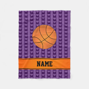 Couverture Polaire Nom personnalisé basketball violet coeurs rayures