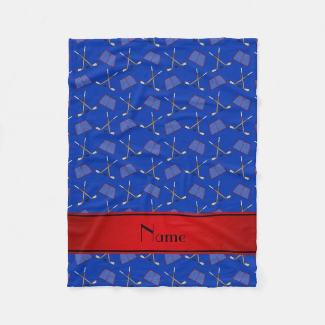 Couverture Polaire Nom personnalisé bâtons de hockey bleu bande rouge (Devant)