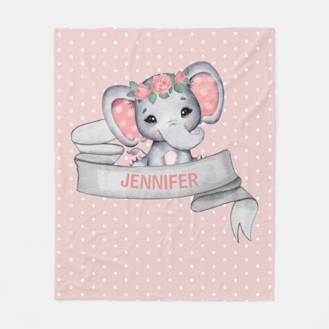 Couverture Polaire Nom personnalisé Elephant Baby Girl Rose & Grey (Devant)