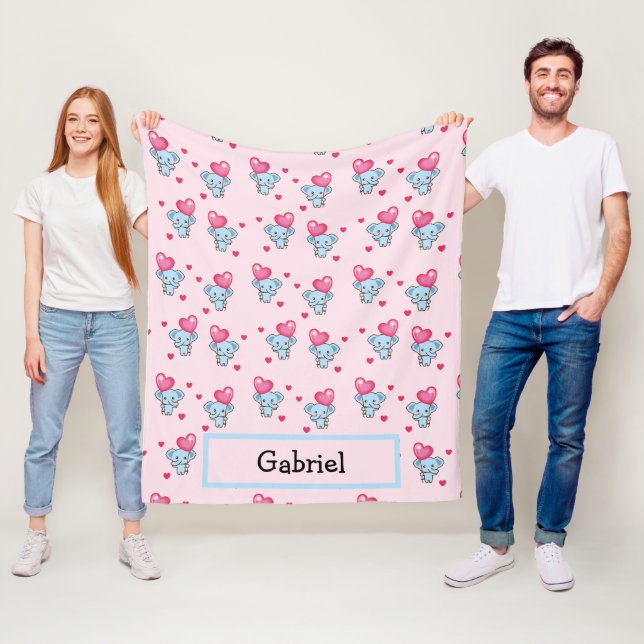 Couverture Polaire Nom personnalisé éléphant mignon avec ballon rose (En situation)