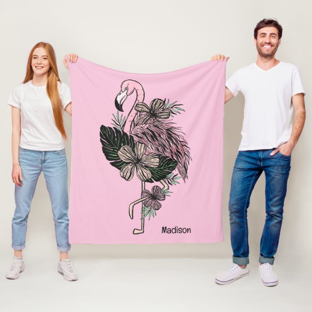 Couverture Polaire Nom personnalisé et couleur Flamant rose rose (En situation)