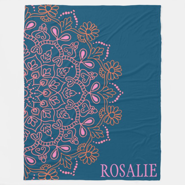 Couverture Polaire Nom personnalisé Floral Mandala bleu rose unique (Devant)