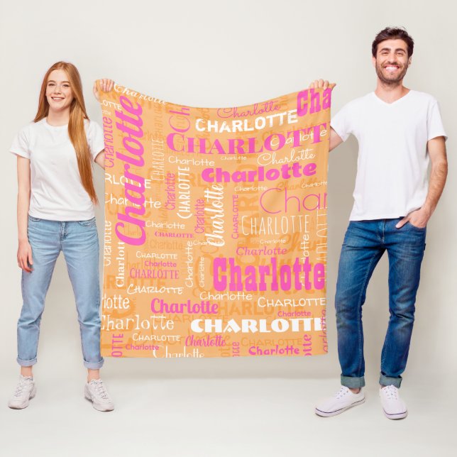 Couverture Polaire Nom personnalisé Hot rose orange Motif répétitif (En situation)
