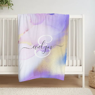Couverture Polaire Nom personnalisé Monogram Purple Aquarelle Luxe