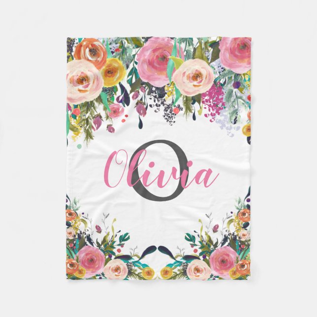 Couverture Polaire Nom personnalisé Monogramme Aquarelle Florale (Devant)