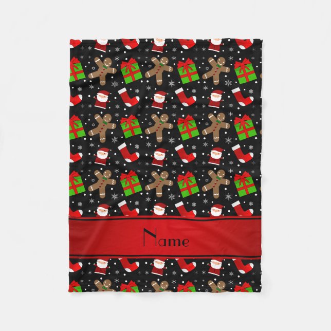 Couverture Polaire Nom personnalisé noir santas pain d'épice (Devant)
