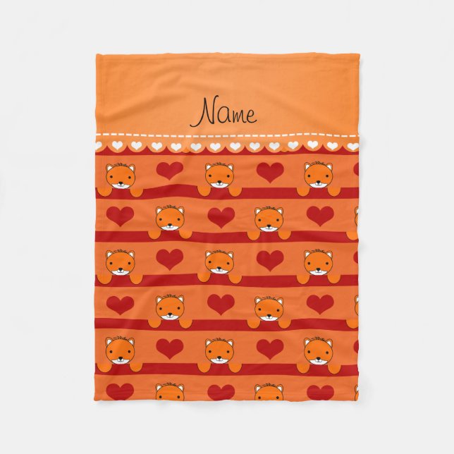 Couverture Polaire Nom personnalisé renard orange rouge coeurs rayure (Devant)