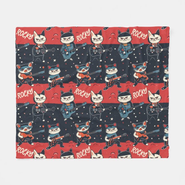 Couverture Polaire NOM PERSONNALISÉ Rock n'Roll Cats | Rouge et noir (Devant (Horizontal))