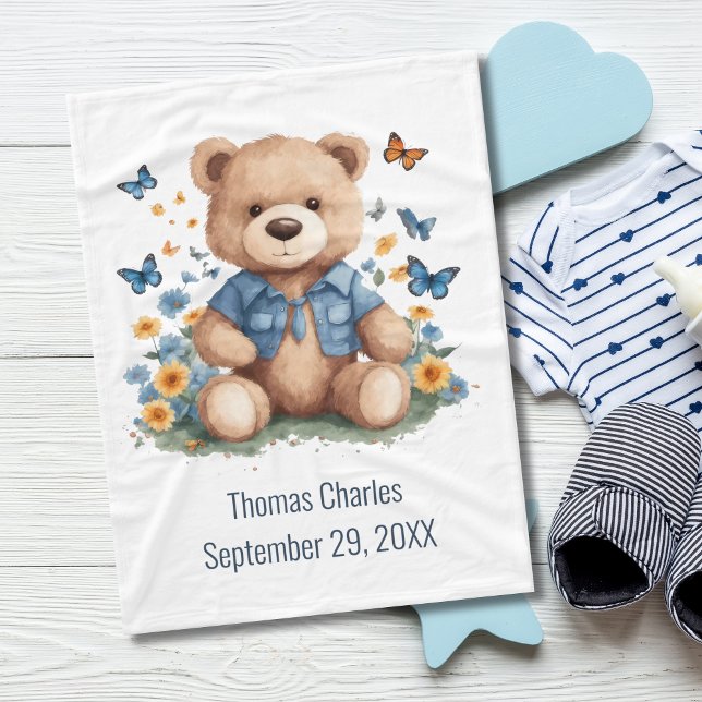 Couverture Polaire Nom personnalisé Teddy Bear Butterflies Baby (Personalized Teddy Bear Butterflies Baby Blanket. Available in three sizes)