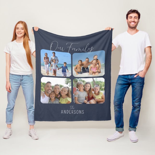 Couverture Polaire Notre Famille Calligraphie Script 4 Photos Bleu (En situation)