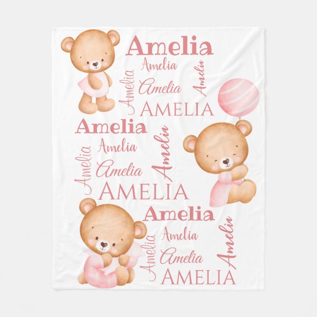Couverture Polaire Nounours roses personnalisées filles nom bébé bla (Devant)