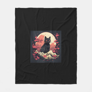 Couverture Polaire Nuit mystique Sakura_ Chat noir avec Pleine lune