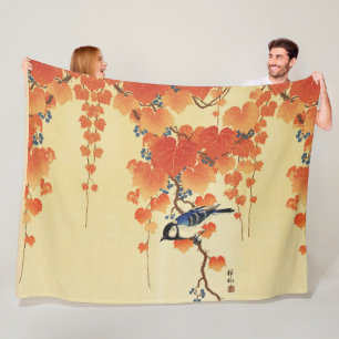 Couverture Polaire Oiseau bleu Tit, Branche de Paulownia, Feuilles ro