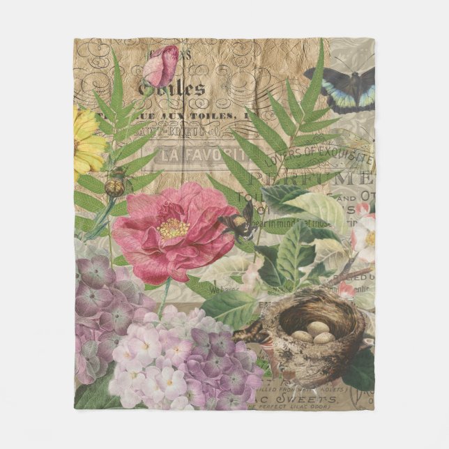 Couverture Polaire Oiseau Nid Floral Jardin Fleur Papillon Art (Devant)