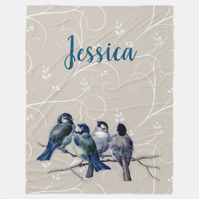 Couverture Polaire Oiseaux bleus sur une branche (Devant)