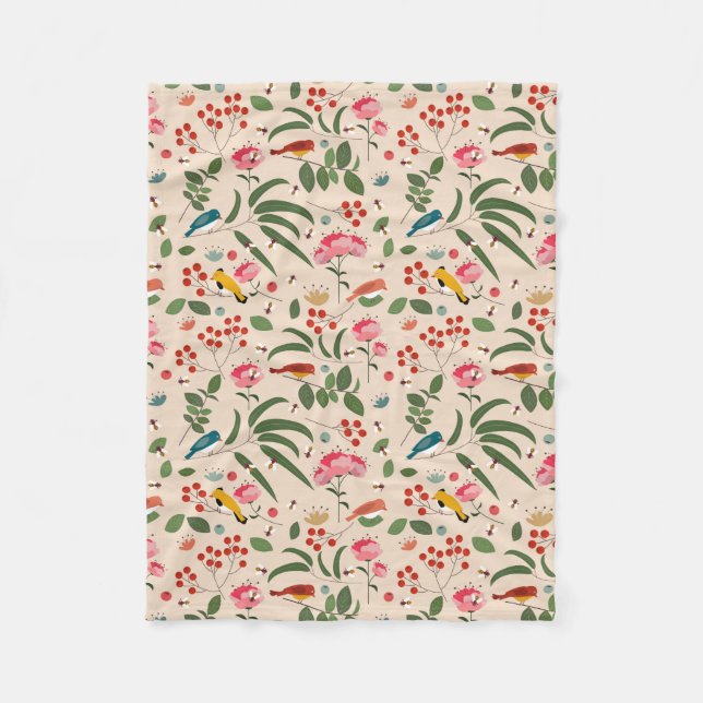 Couverture Polaire Oiseaux floraux dessinés à la main Abeilles Motif  (Devant)