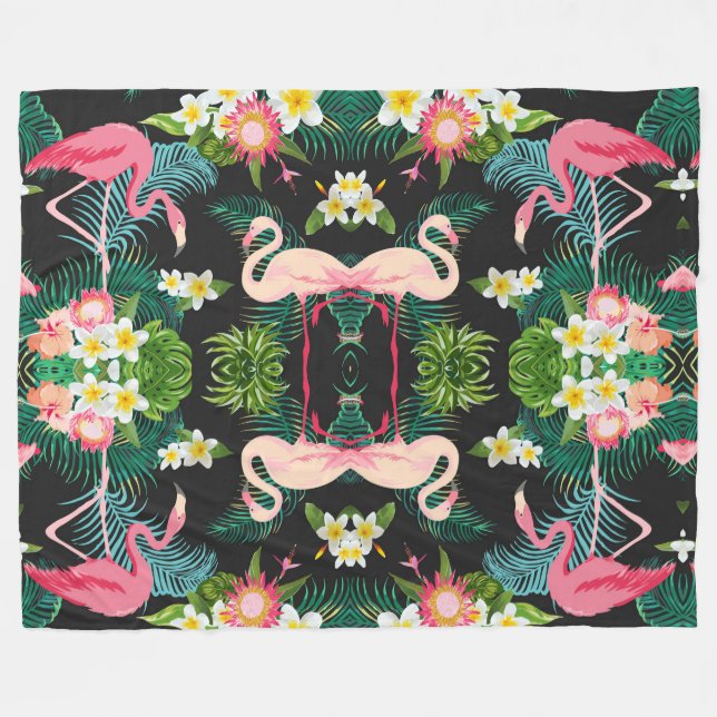 Couverture Polaire Oiseaux tropicaux Fleurs Flamant rose Paysage aqua (Devant (Horizontal))