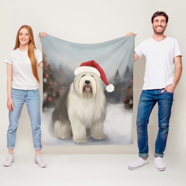 Couverture Polaire Old English Sheepdog en Noël de neige (En situation)