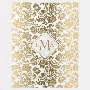 Couverture Polaire Or et blanc monogramme et Damas florales