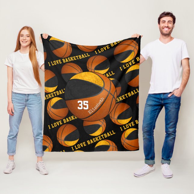 Couverture Polaire or noir J'aime basketball filles couleurs équipe (En situation)