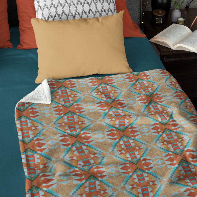 Couverture Polaire Orange Brown Aqua Turquoise Blue Tribal Art (Créateur téléchargé)