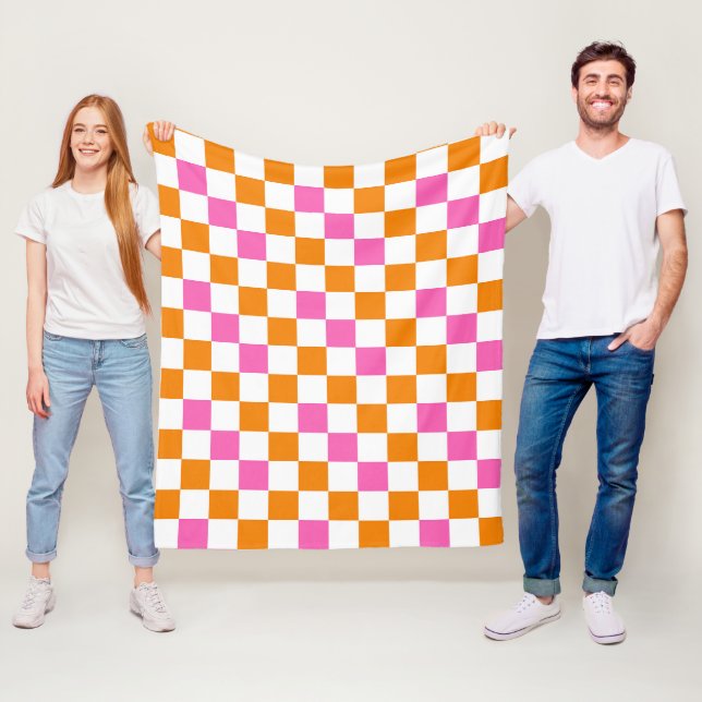 Couverture Polaire Orange White Pink Checkered Pattern Design  (En situation)