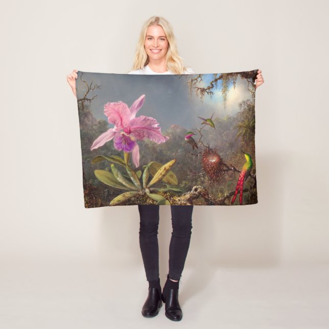 Couverture Polaire Orchidée de Cattleya et trois colibris par Heade (En situation)