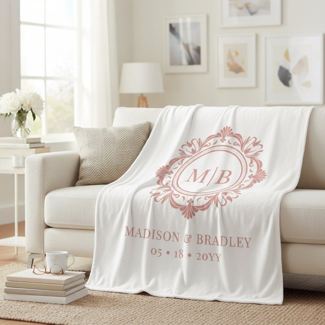 Couverture Polaire Orné Floral Monogramme Mariage Élégant Rose Or (Créateur téléchargé)