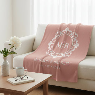 Couverture Polaire Orné Floral Monogramme Mariage Élégant Rose Or