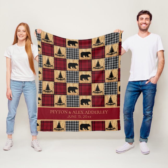 Couverture Polaire Ours à lunettes rustiques Bois Rouge Noir Mariage (En situation)