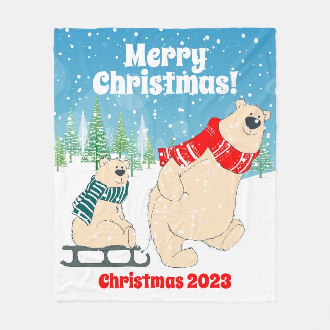 Couverture Polaire Ours de bébé personnalisable sur traîneau Joyeux N (Devant)
