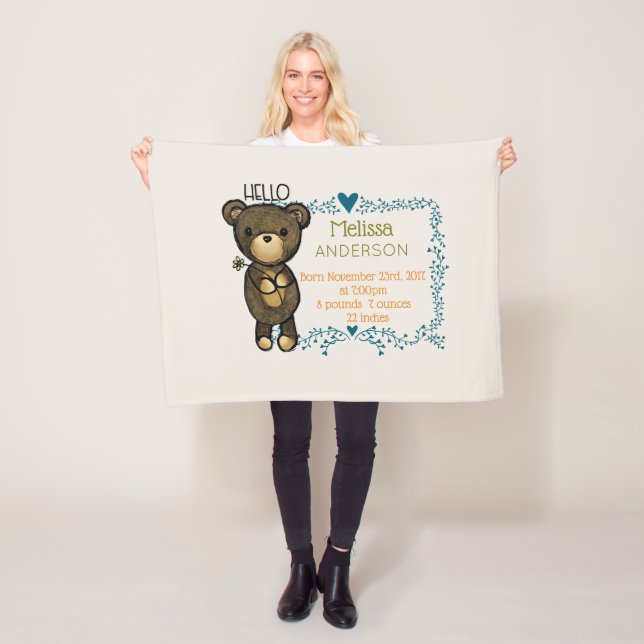 Couverture Polaire Ours en peluche avec couronne bleu fleurie Baby Bi (En situation)