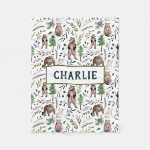 Couverture Polaire Ours, feuilles et arbres Blanche personnalisée