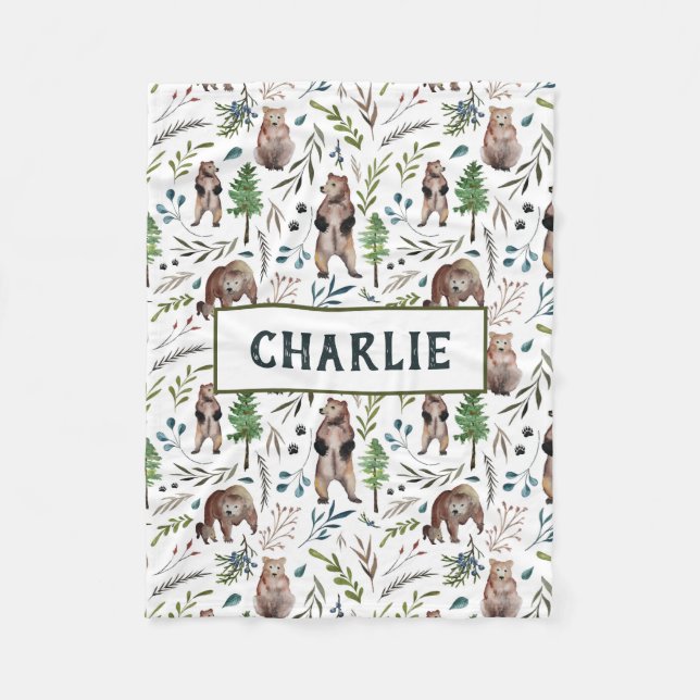 Couverture Polaire Ours, feuilles et arbres Blanche personnalisée (Devant)
