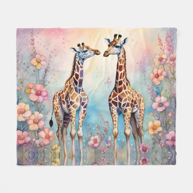 Couverture Polaire Paire de girafes dans un jardin pastel (Devant (Horizontal))