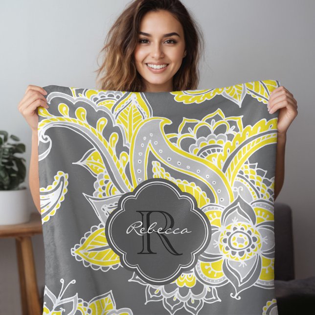 Couverture Polaire Paisley gris et jaune Boho Paisley Monogramme (Créateur téléchargé)