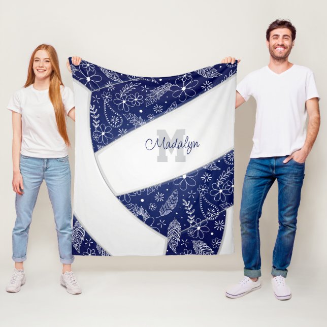 Couverture Polaire paisleys floral motif marine bleu blanc volleyball (En situation)