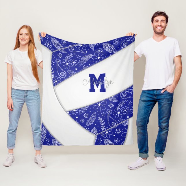 Couverture Polaire paislies plumes fleurs motif bleu volleyball (En situation)
